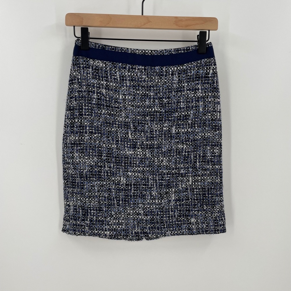 Brooks Brothers Petite Navy Blue Tweed Wool Blend Pencil Skirt 0P Italian Fabric - Picture 2 of 10